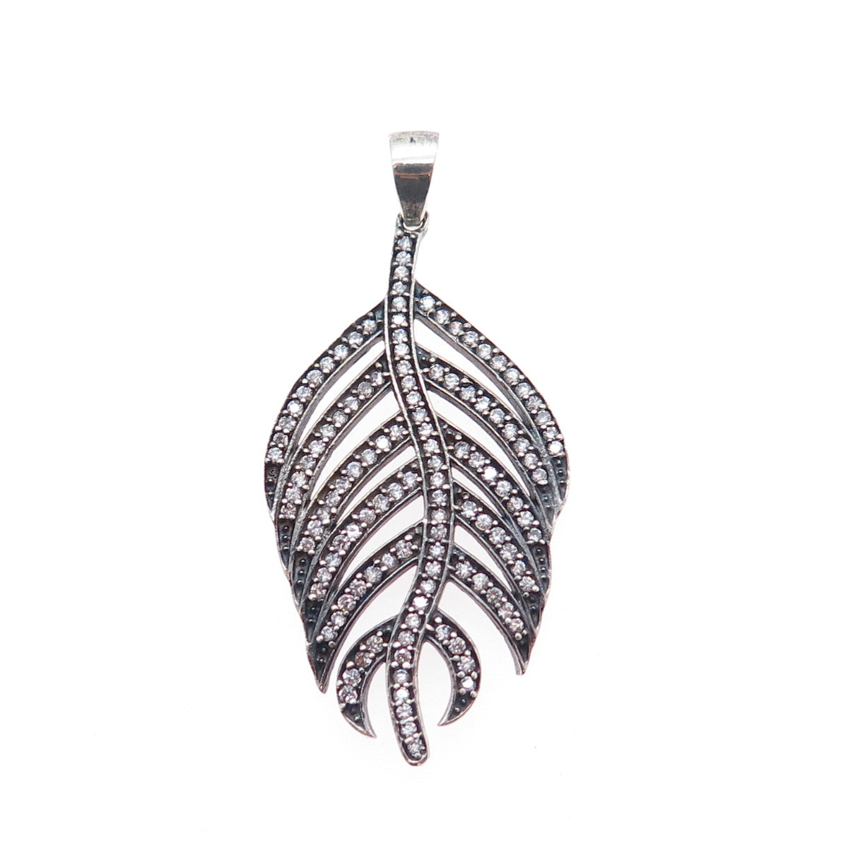 925 Sterling Silver Vintage Round-Cut C Z Feather Oxidized Charm Pendant
