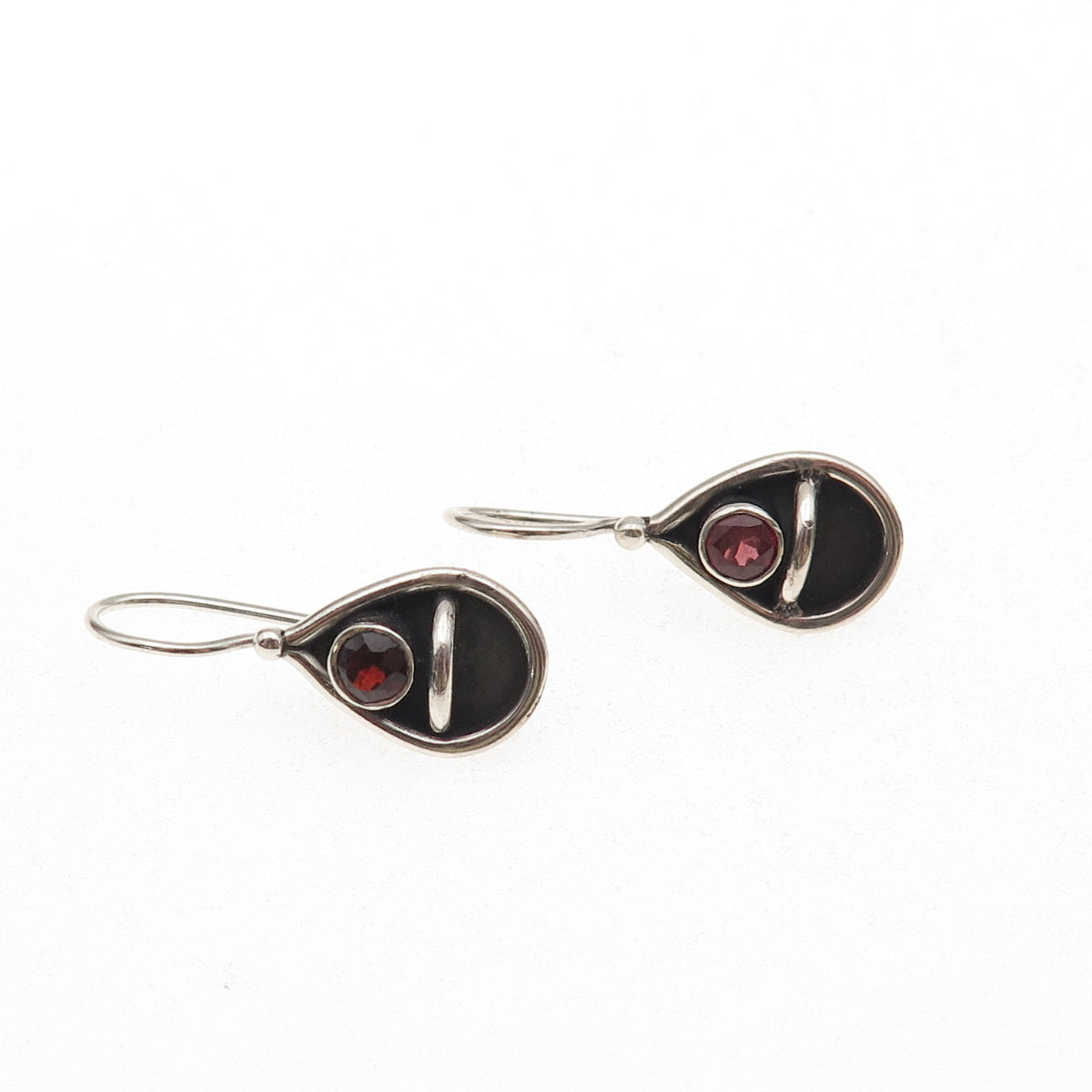 925 Sterling Silver Vintage Real Red Garnet Teardrop Oxidized Dangle Earrings