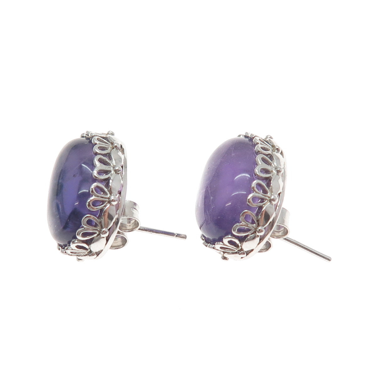 FADI 925 Sterling Silver Real Cabochon Amethyst Floral Earrings