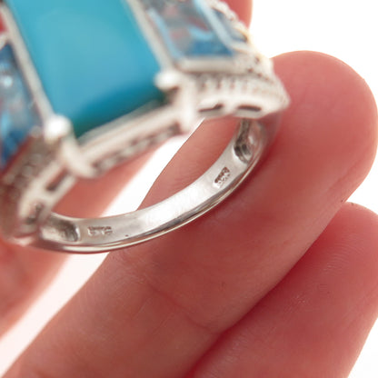 Chuck Clemency 925 Sterling Silver Real Turquoise & Blue Topaz Ring Size 8.25