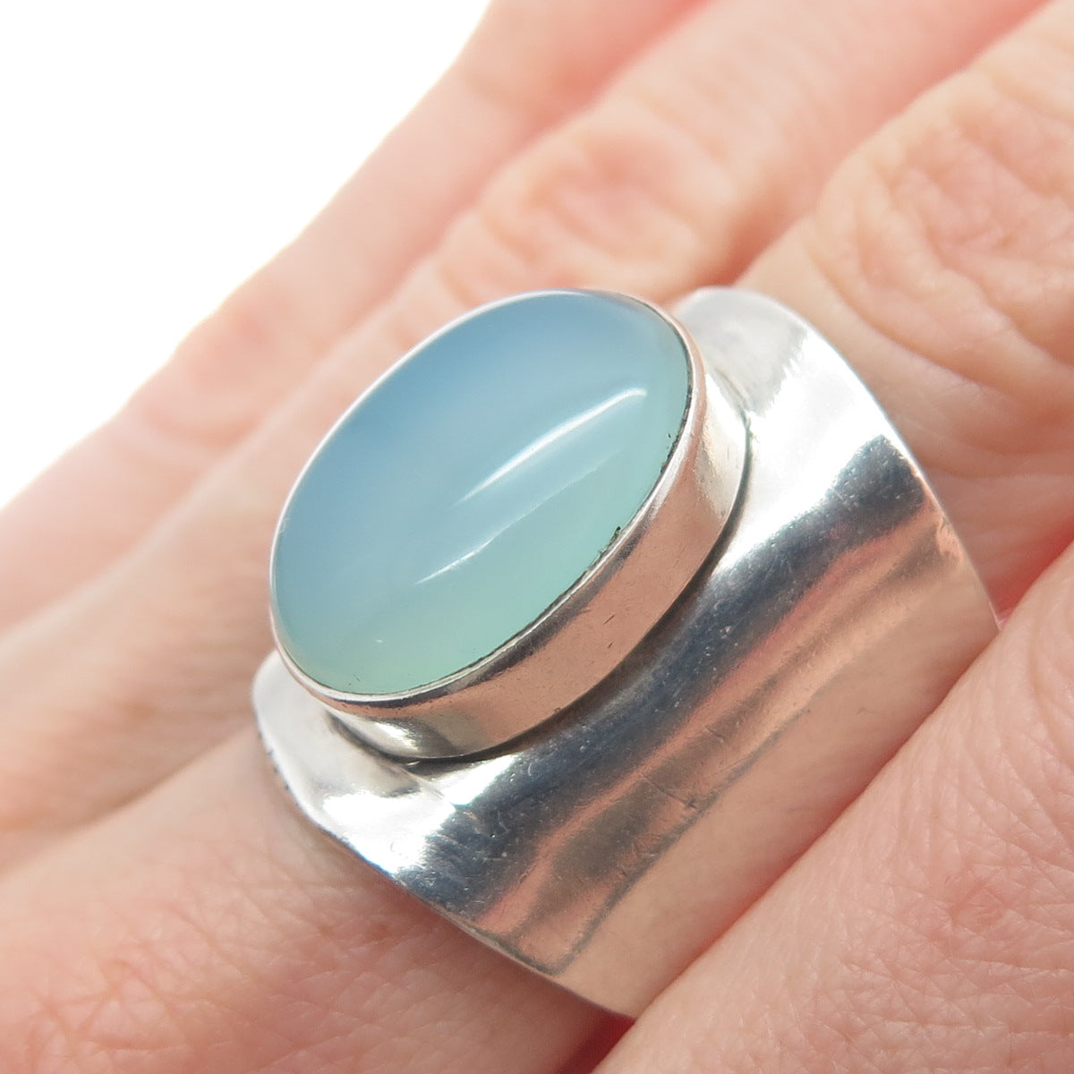 925 Sterling Silver Vintage Real Blue Chalcedony Gem Adjustable Ring Size 7