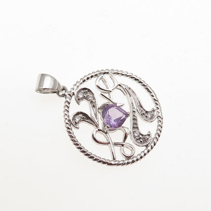 925 Sterling Silver Real Heart-Cut Amethyst & Round-Cut C Z Love Charm Pendant