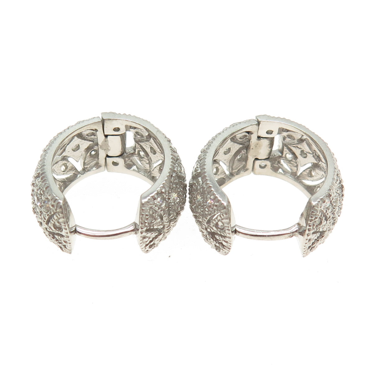 925 Sterling Silver Round-Cut C Z Ornate Hoop Earrings