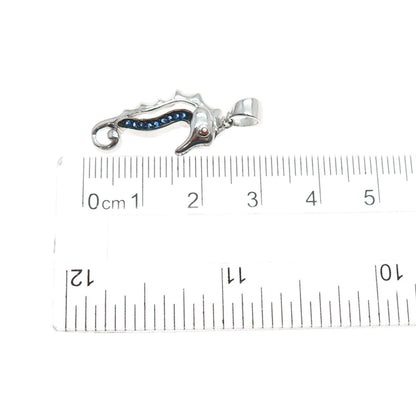 925 Sterling Silver Round-Cut Blue & Red C Z Seahorse Charm Pendant