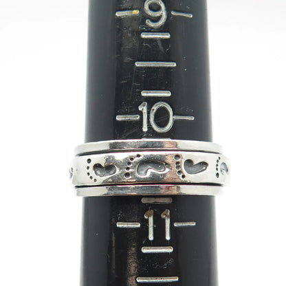 925 Sterling Silver Vintage Footprint Rotating Band Ring Size 10.75