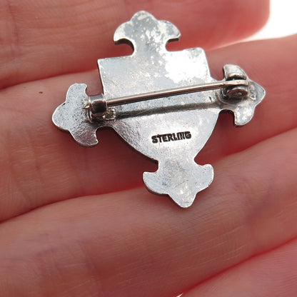 925 Sterling Silver Antique Art Deco Holy Family Cross Oxidized Pin Brooch