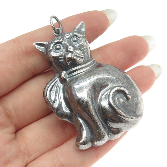 800 Silver Vintage Cat Puffy Hollow Oxidized Pendant