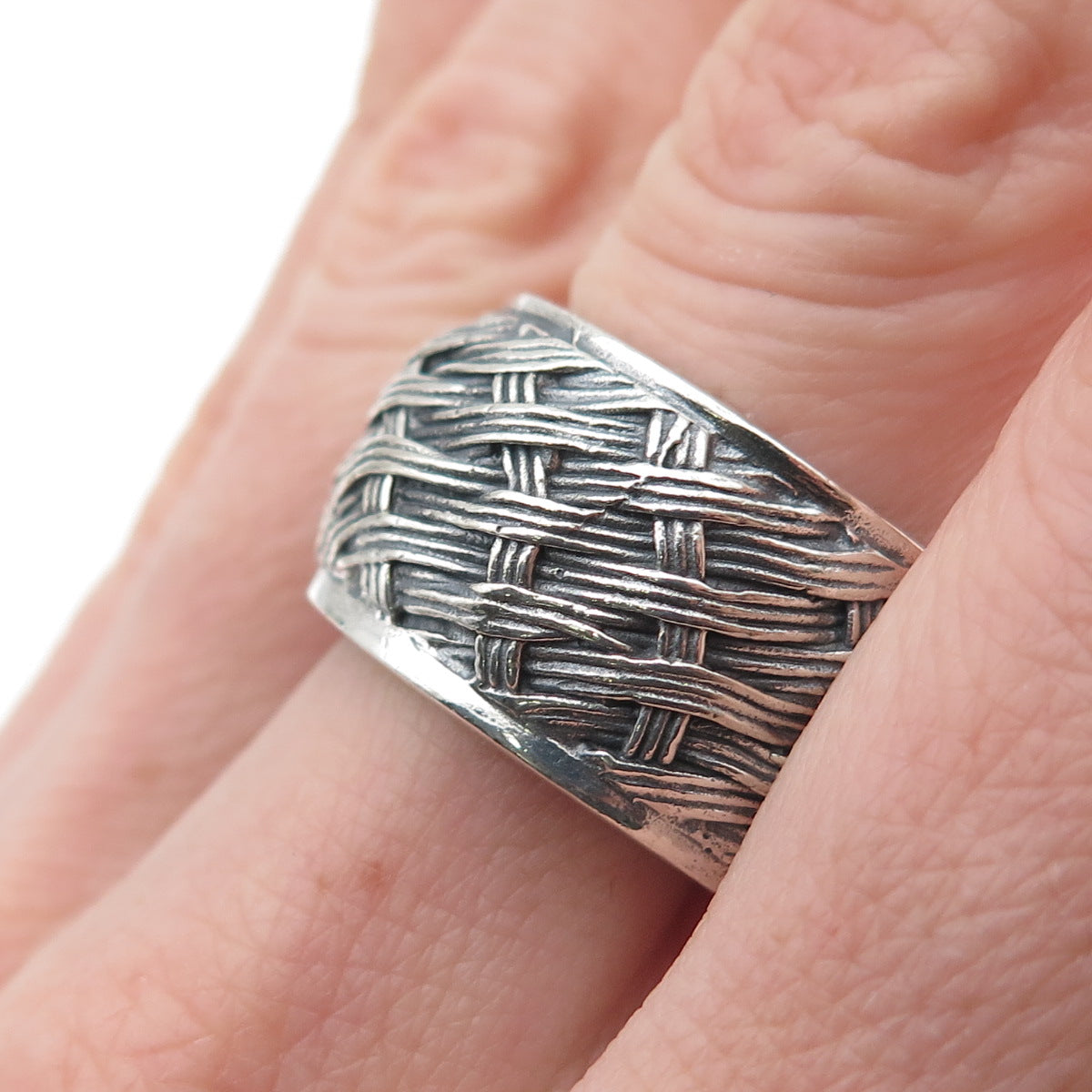 925 Sterling Silver Vintage Modernist Woven Oxidized Ring Size 8.5