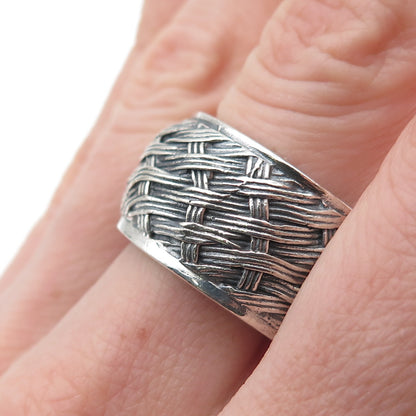 925 Sterling Silver Vintage Modernist Woven Oxidized Ring Size 8.5