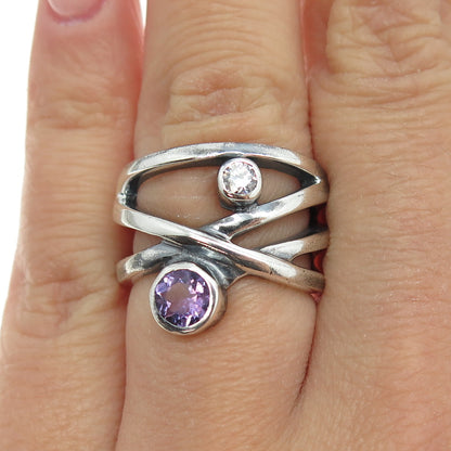 925 Sterling Silver Vintage Real Amethyst & C Z Modernist Ring Size 6.25