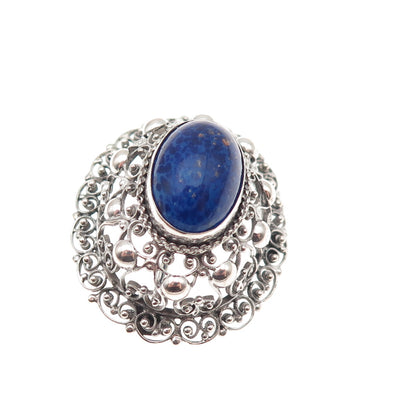 800 Silver Antique Art Deco Real Cabochon Lapis Filigree Oxidized Pin Brooch