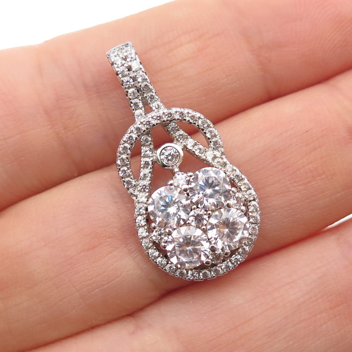 925 Sterling Silver Round-Cut C Z Knot Teardrop Charm Pendant