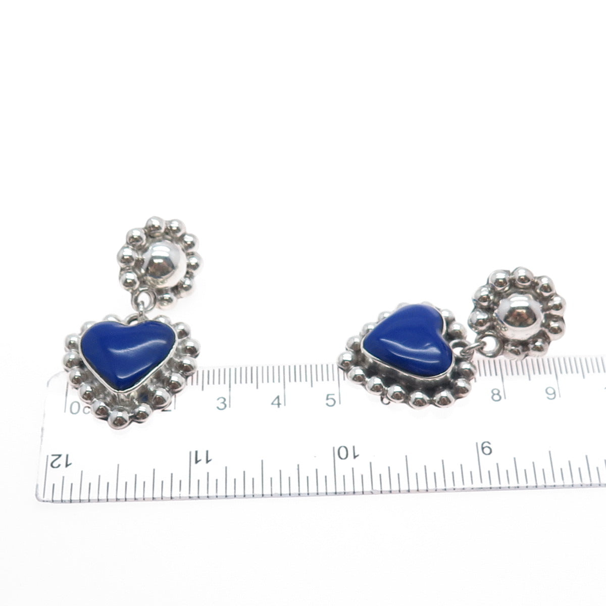 925 Sterling Silver Vintage Real Lapis Lazuli Heart Beaded Dangle Earrings