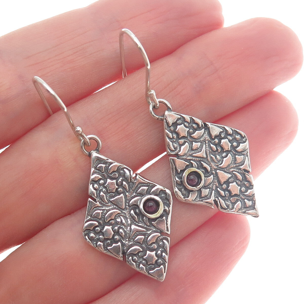 925 Sterling Silver Vintage Real Tourmaline Gem Floral Ornate Oxidized Earrings