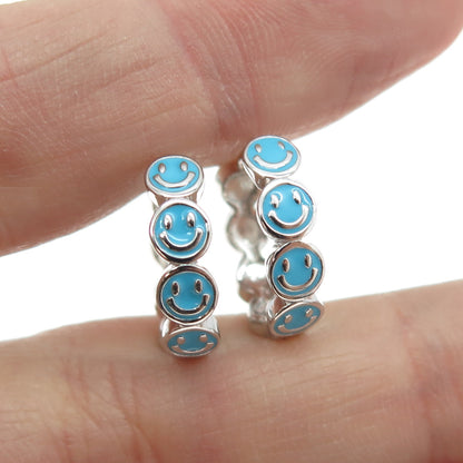 925 Sterling Silver Blue Enamel Smiley Face Huggie Earrings