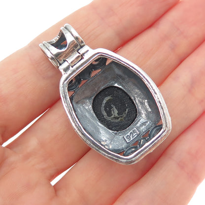 925 Sterling Silver Vintage Real Black Onyx Ornate Oxidized Charm Pendant