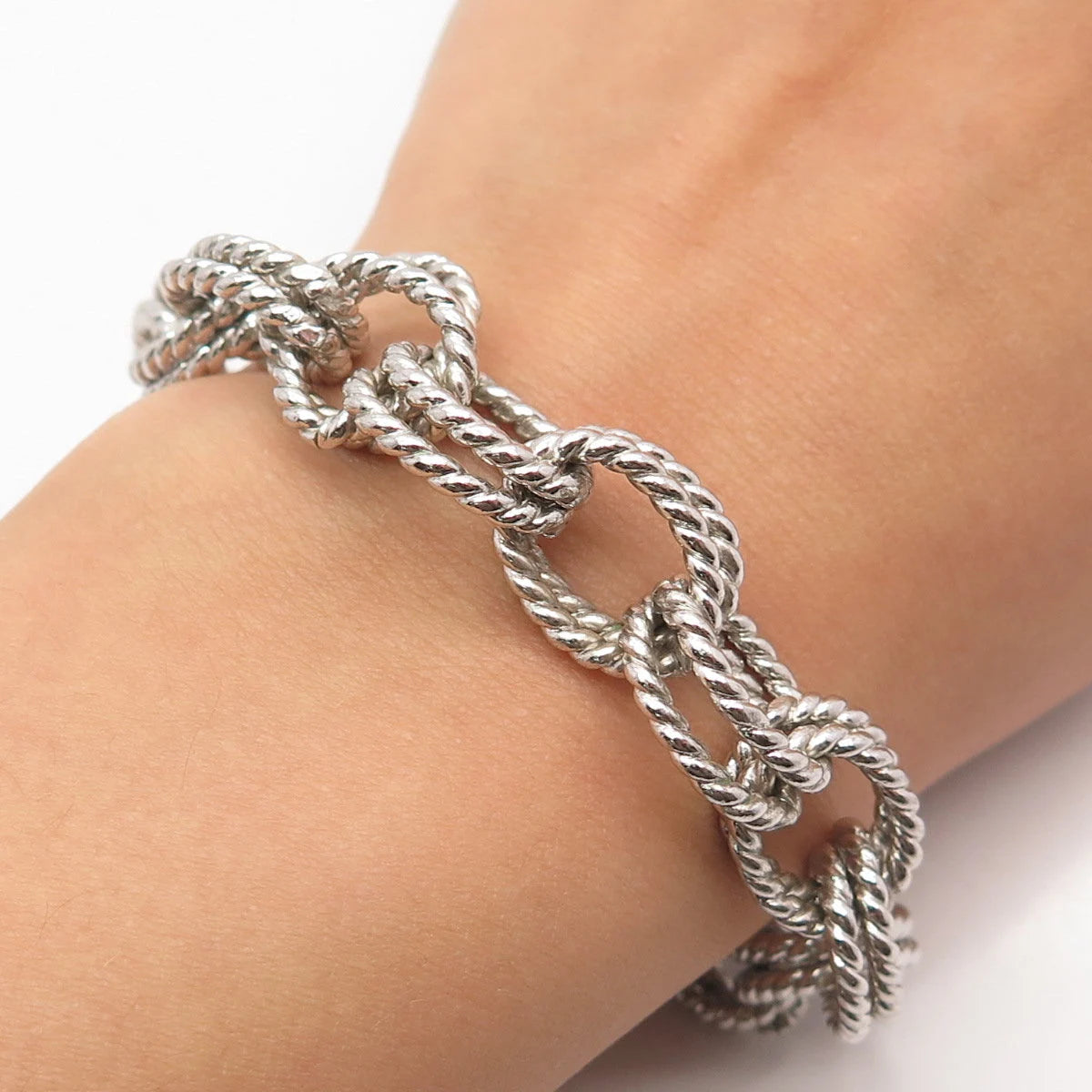 925 Sterling Silver Vintage Twisted Double Rolo Link Bracelet 6.25"