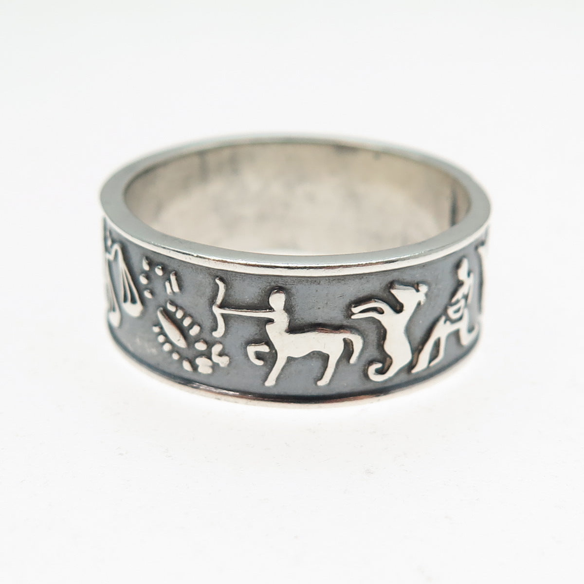 925 Sterling Silver Vintage Mexico Zodiac Calendar Oxidized Band Ring Size 11.75
