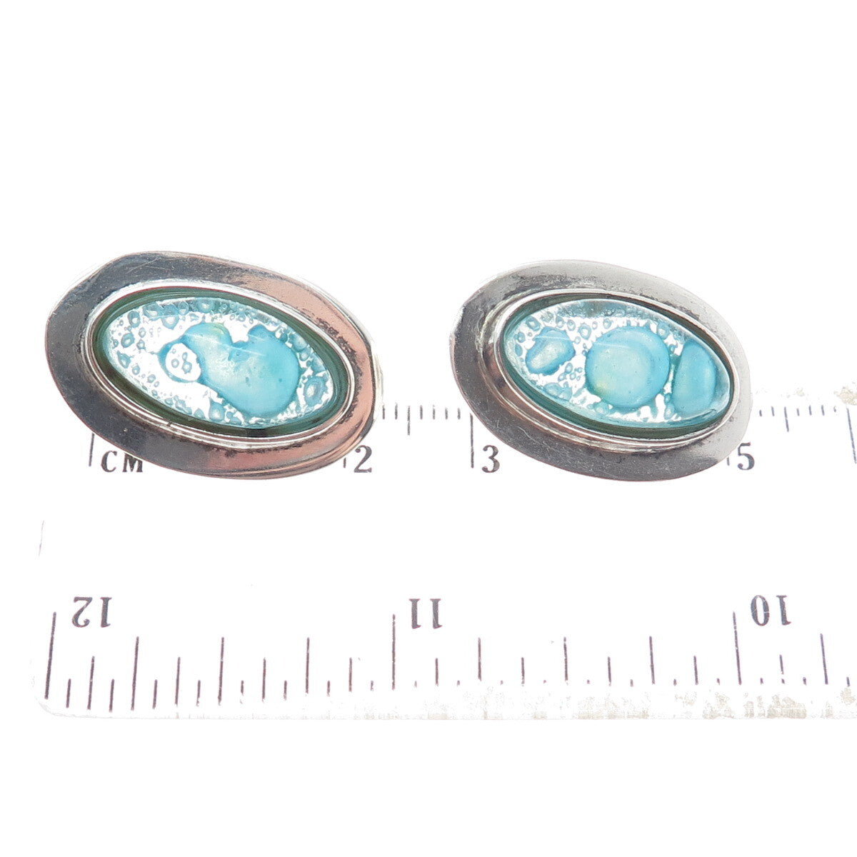 925 Sterling Silver Vintage Aqua Bubble Glass Modernist Earrings