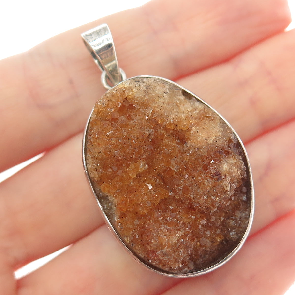 925 Sterling Silver Vintage Real Druzy Quartz Modernist Pendant