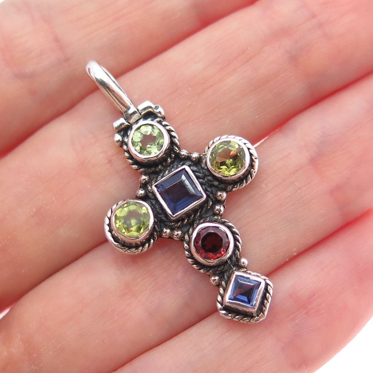 925 Sterling Silver Vintage Real Iolite Peridot & Red Garnet Cross Charm Pendant