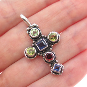 925 Sterling Silver Vintage Real Iolite Peridot & Red Garnet Cross Charm Pendant