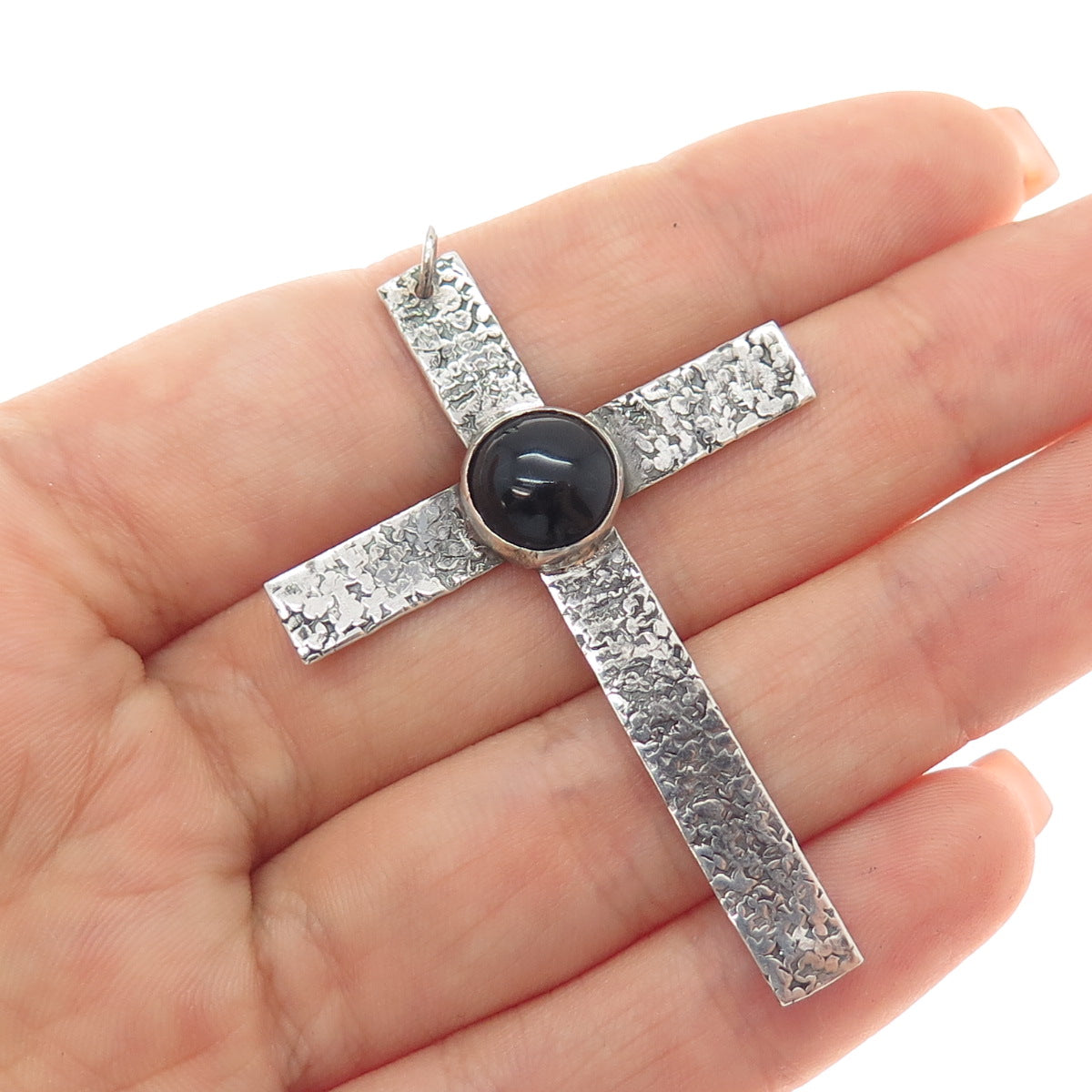 925 Sterling Silver Vintage Real Black Onyx Nugget Cross Oxidized Pendant