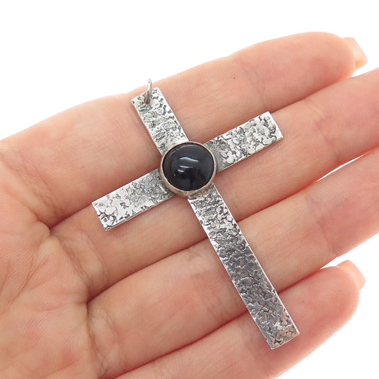 925 Sterling Silver Vintage Real Black Onyx Nugget Cross Oxidized Pendant