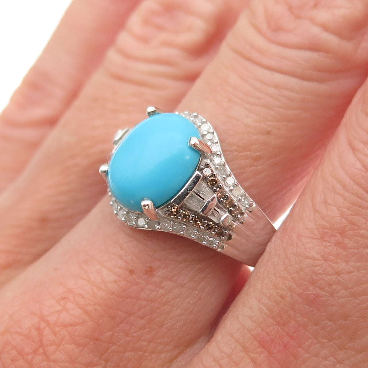 D'Joy 925 Sterling Silver Real Cognac & White Diamond Turquoise Ring Size 7.75