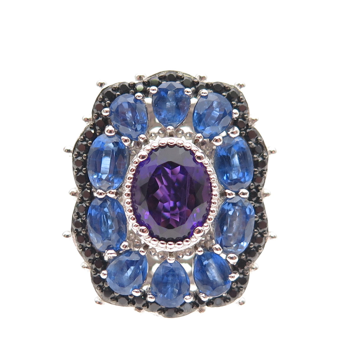 925 Sterling Silver Real Sapphire Amethyst & Black Spinel Cluster Ring Size 7