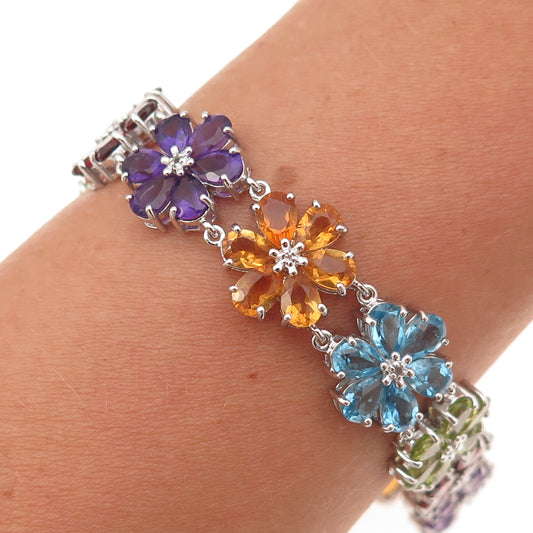 925 Sterling Real Diamond Blue Topaz Amethyst Citrine Garnet Peridot Bracelet 7"