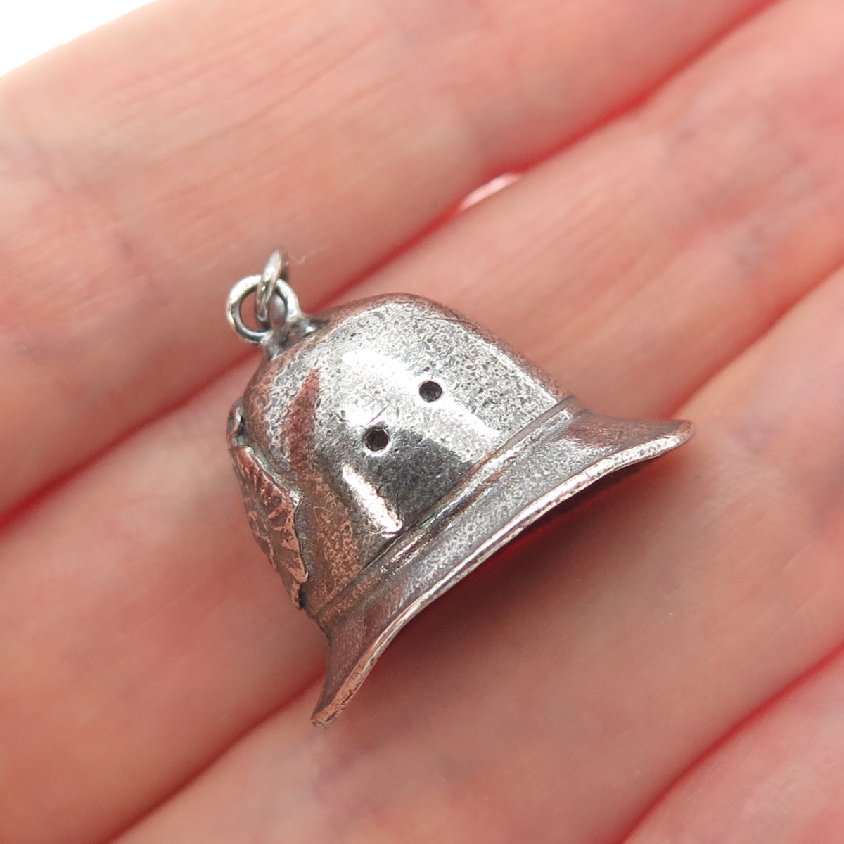 925 Sterling Silver Vintage Fireman Helmet Oxidized Minimalist 3D Charm Pendant