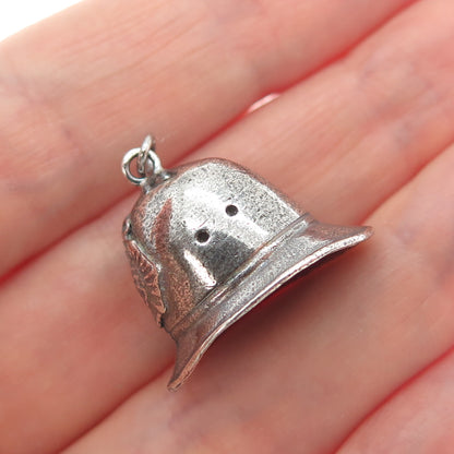 925 Sterling Silver Vintage Fireman Helmet Oxidized Minimalist 3D Charm Pendant