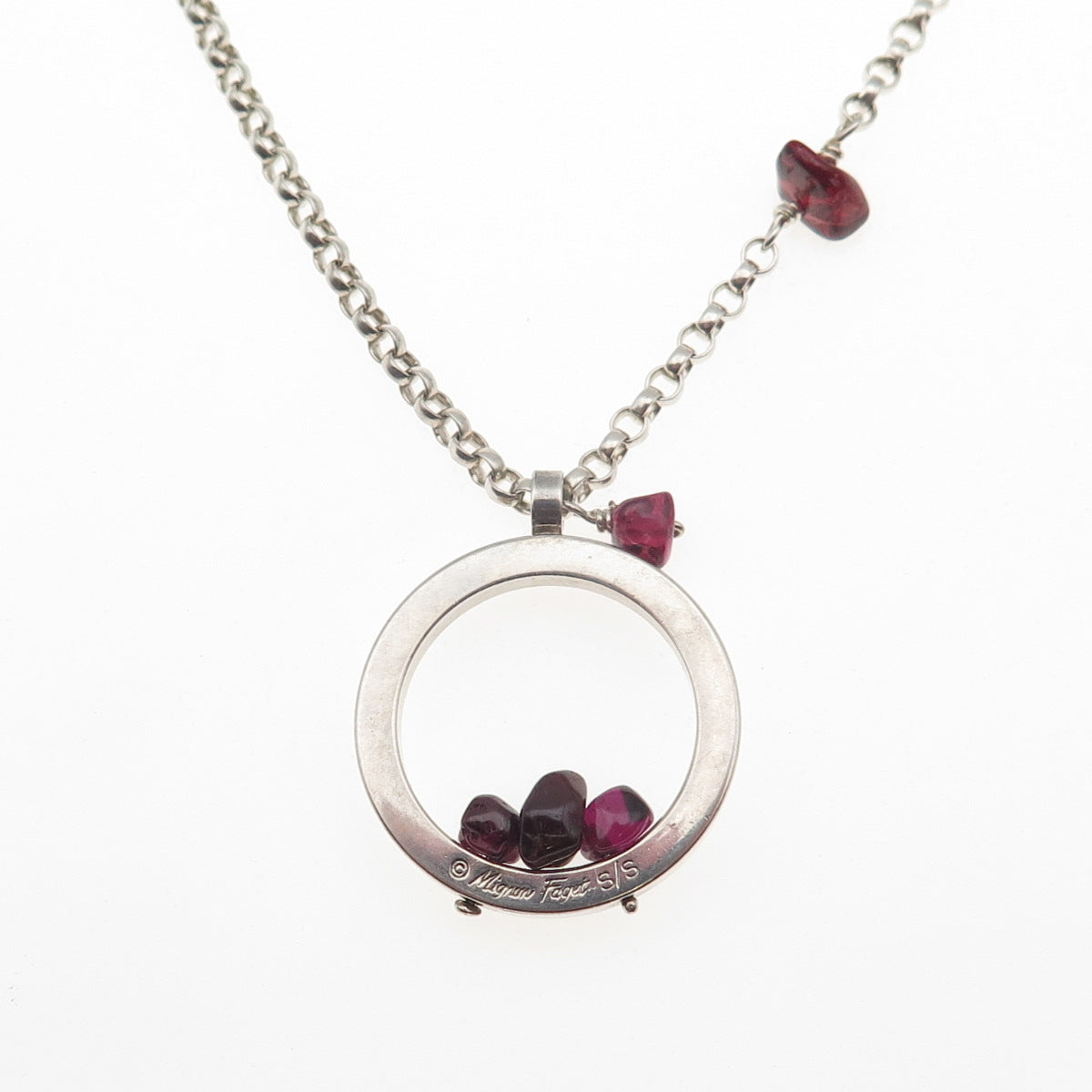 MIGNON FAGET Sterling Vintage Real Red Garnet Circle of Life Chain Necklace 18"