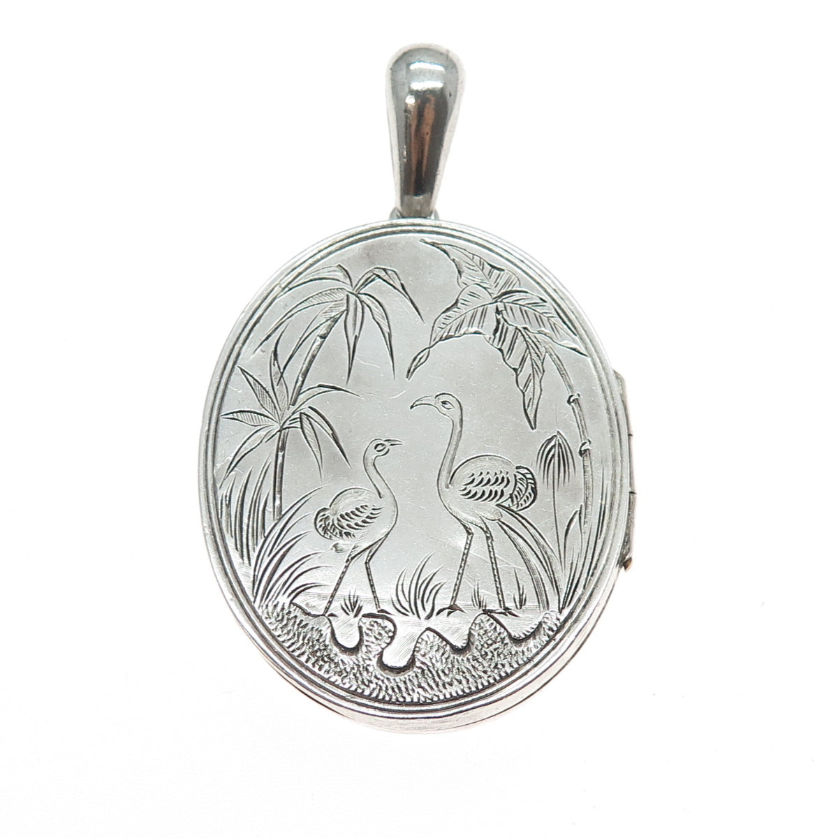 925 Sterling Silver Antique Victorian Engraved Flamingo Locket Charm Pendant