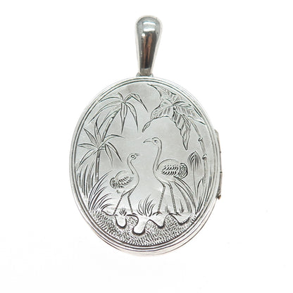 925 Sterling Silver Antique Victorian Engraved Flamingo Locket Charm Pendant