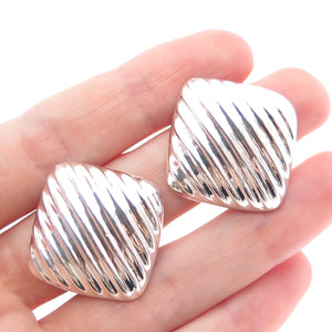 925 Sterling Silver Vintage Mexico Modernist Ribbed Clip On Earrings