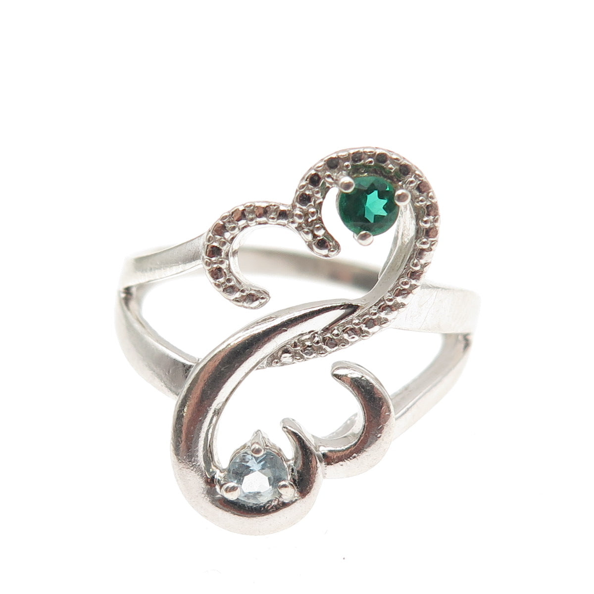 925 Sterling Silver Round-Cut Blue & Green C Z Interlocked Heart Ring Size 7.5