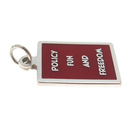 925 Sterling Silver Red Enamel "Policy Fun & Freedom" Minimalist Charm Pendant