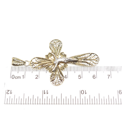 800 Silver 2-Tone Vintage Italy Crucifix Cross Filigree Charm Pendant
