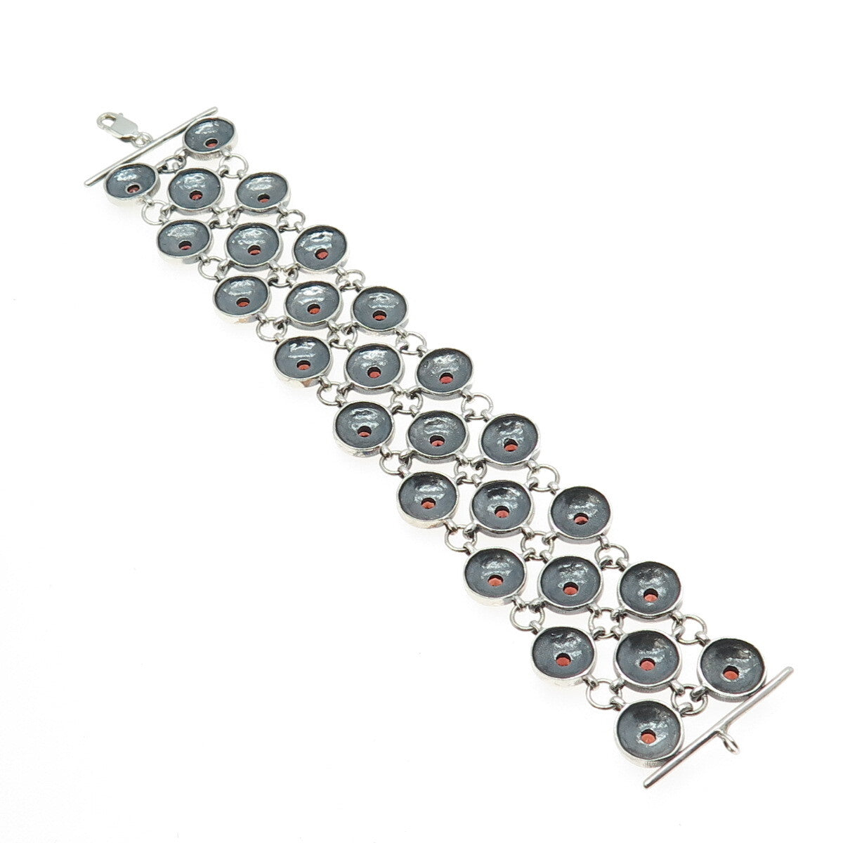 925 Sterling Silver Vintage Real Red Garnet Floral Disc Cluster Link Bracelet 7"