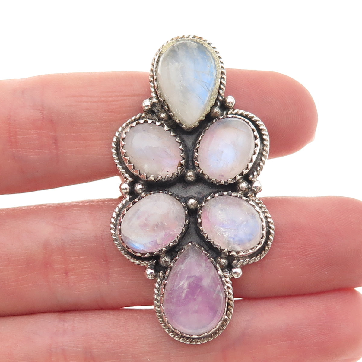 925 Sterling Vintage Real Pink Moonstone Modernist Adjustable Ring Size 7.5