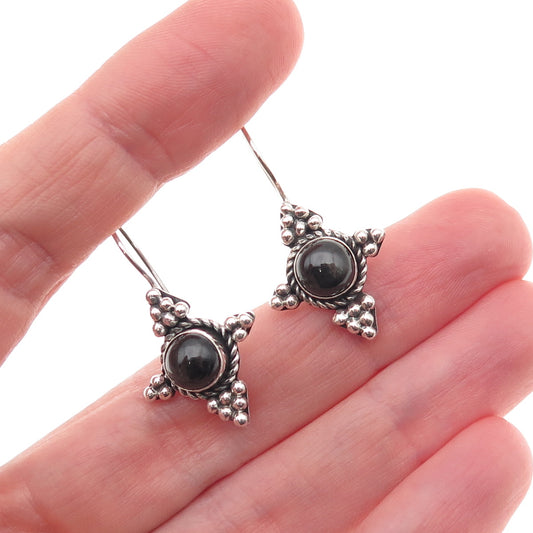 925 Sterling Silver Vintage Real Black Obsidian Cross Beaded Earrings