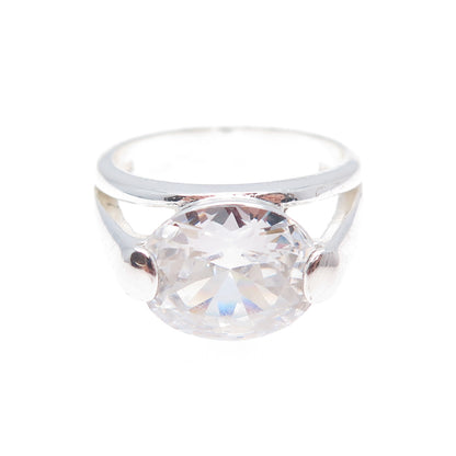 925 Sterling Silver Oval-Cut C Z Engagement Ring Size 7.25