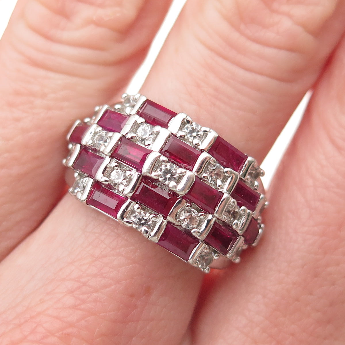 Chuck Clemency 925 Sterling Lab-Created Ruby & Real White Topaz Ring Size 7.25