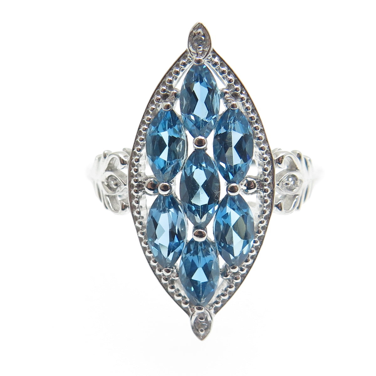 DSMK 925 Sterling Silver Real London Blue & White Topaz Cluster Ring Size 7.25