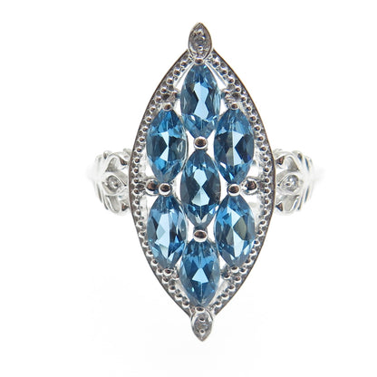 DSMK 925 Sterling Silver Real London Blue & White Topaz Cluster Ring Size 7.25