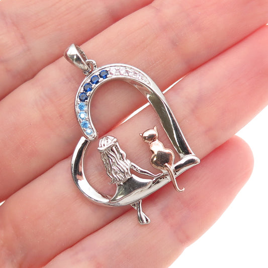 925 Sterling Silver 2-Tone Multi-Color C Z Girl & Cat Heart Charm Pendant