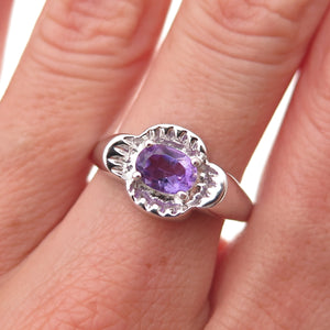 925 Sterling Silver Real Oval-Cut Amethyst Floral Ring Size 9.5