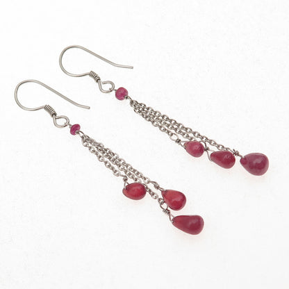 925 Sterling Silver Vintage Real Ruby Tassel Dangle Earrings
